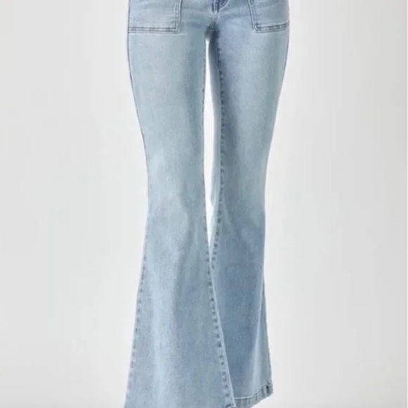 Risen | Mid Rise Jogger Flare Jeans Drawstring Light Wash - Picture 1 of 13